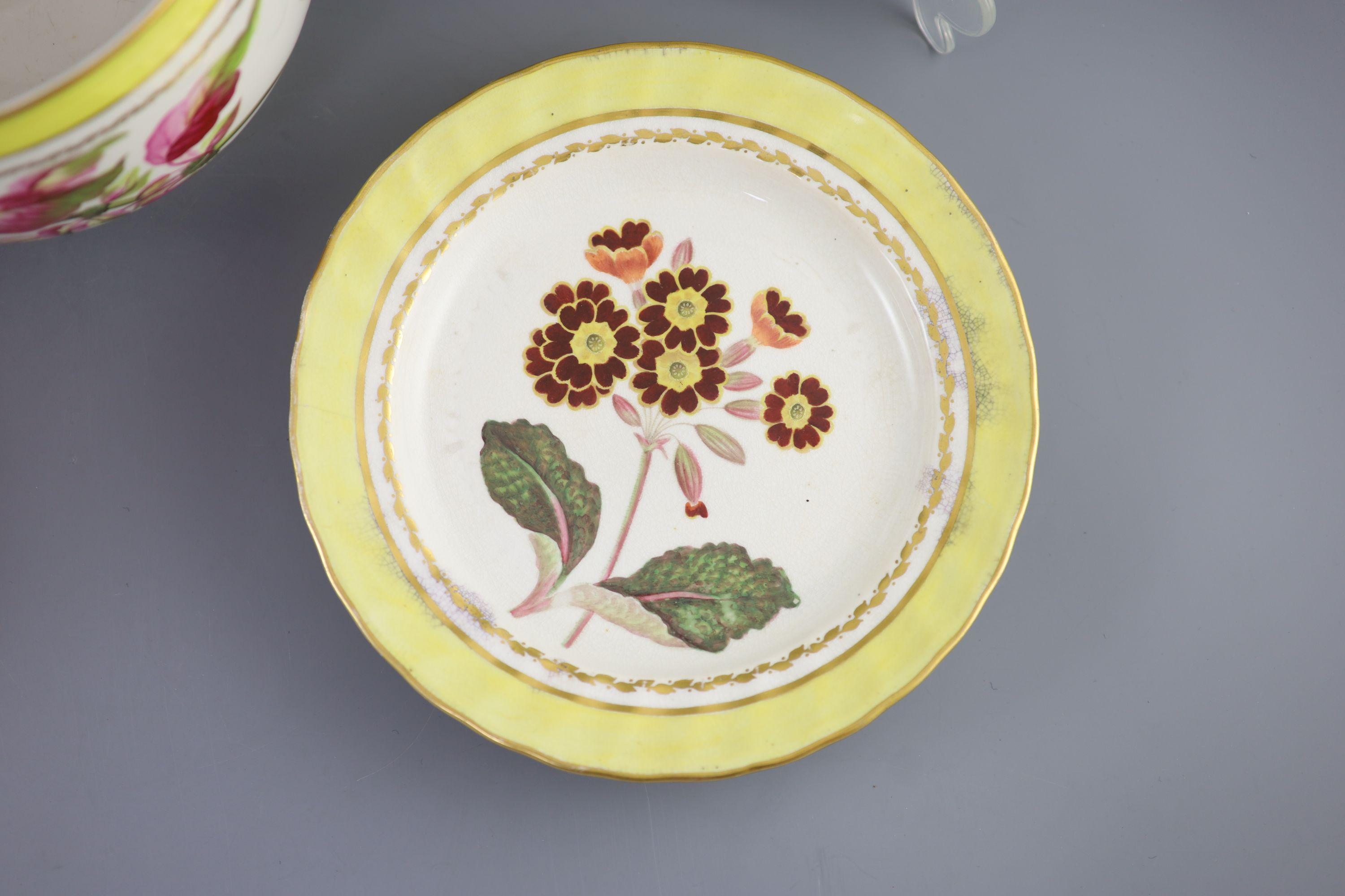 A group of Derby yellow ground botanical dessert and dinner wares, c.1790-1810